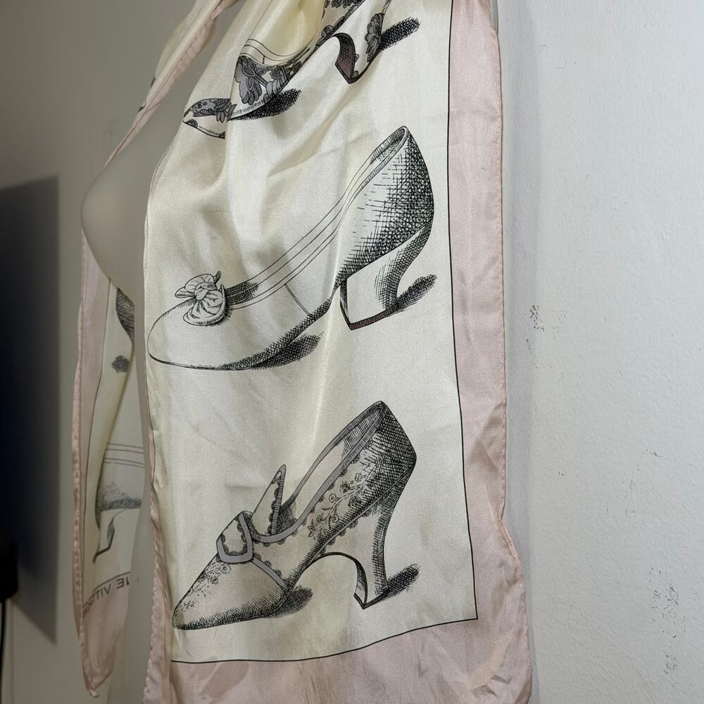 Adrienne Vittadini Silk Scarf Shoe Print Blush Cream Vintage Style 11x51 - Picture 6 of 9
